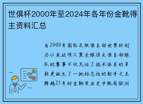世俱杯2000年至2024年各年份金靴得主资料汇总