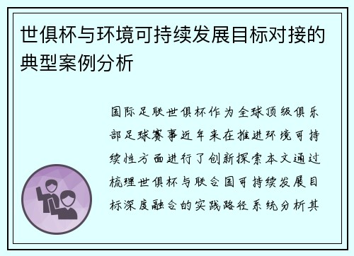 世俱杯与环境可持续发展目标对接的典型案例分析