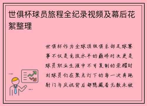 世俱杯球员旅程全纪录视频及幕后花絮整理